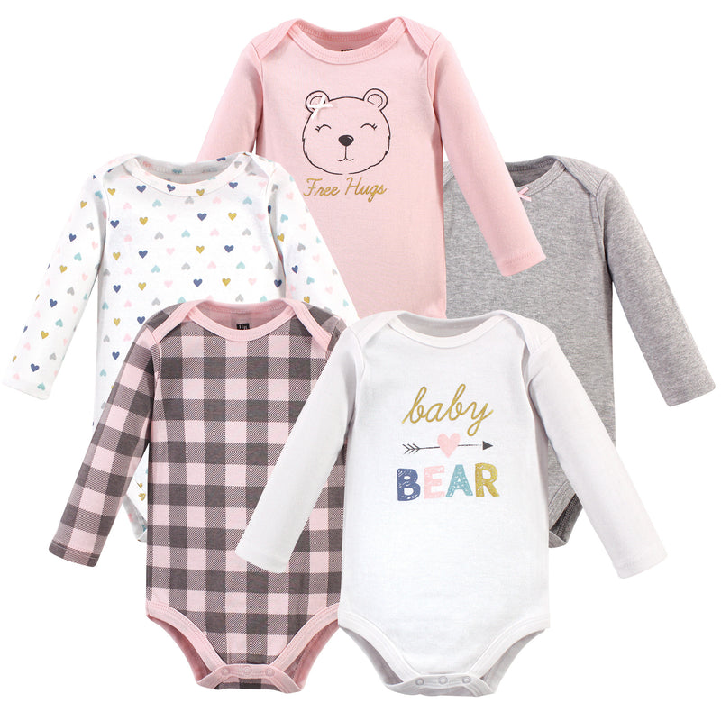 Hudson Baby Cotton Long-Sleeve Bodysuits, Girl Baby Bear