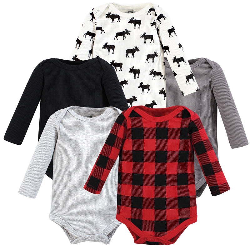 Hudson Baby Thermal Long Sleeve Bodysuits, Buffalo Plaid Moose