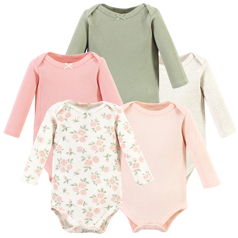 Hudson Baby Thermal Long Sleeve Bodysuits, Soft Pink Sage Rose