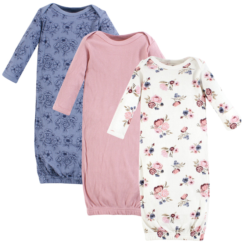 Hudson Baby Thermal Gown 3pk, Dusty Rose Floral
