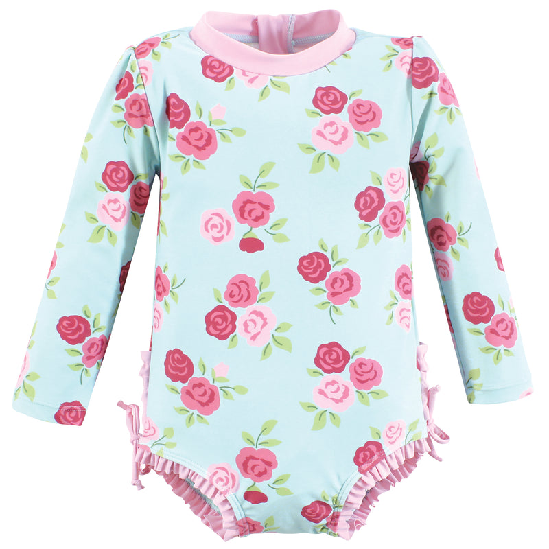 Hudson Baby Rashguard Toddler Swimsuit, Mint Pink Roses