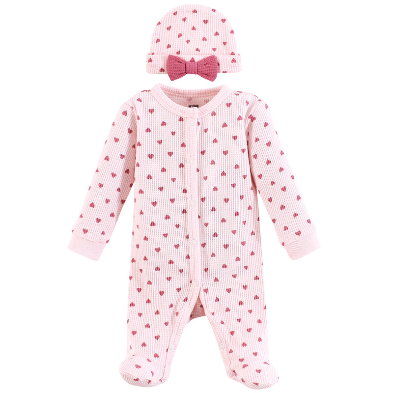 Hudson Baby Thermal Preemie Sleep and Play and Cap, Pink Hearts