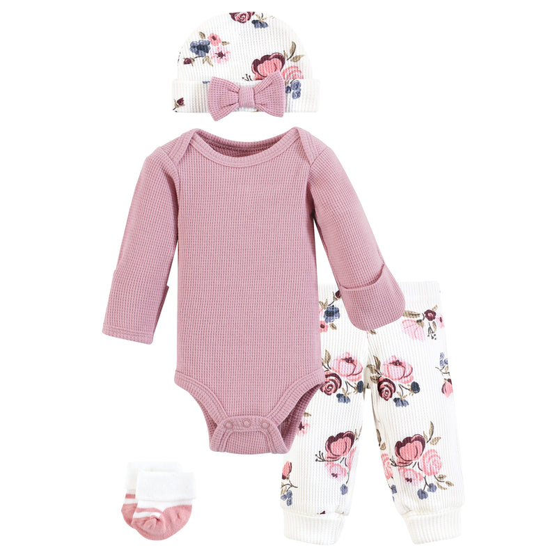 Hudson Baby Thermal Preemie Layette Set 4pc, Dusty Rose Floral Long Sleeve