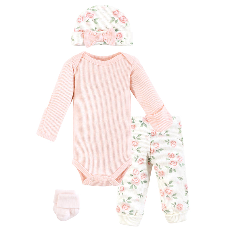 Hudson Baby Thermal Preemie Layette Set 4pc, Soft Pink Sage Rose Long Sleeve