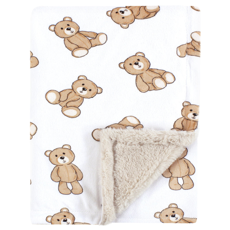 Hudson Baby Plush Blanket with Furry Binding and Back, Teddy Bears