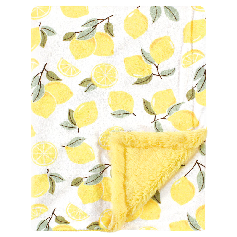 Hudson Baby Plush Blanket with Furry Binding and Back, Lemon