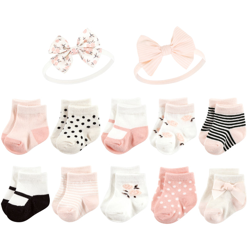 Hudson Baby Sock and Headband 12pc Set, Soft Pink Roses