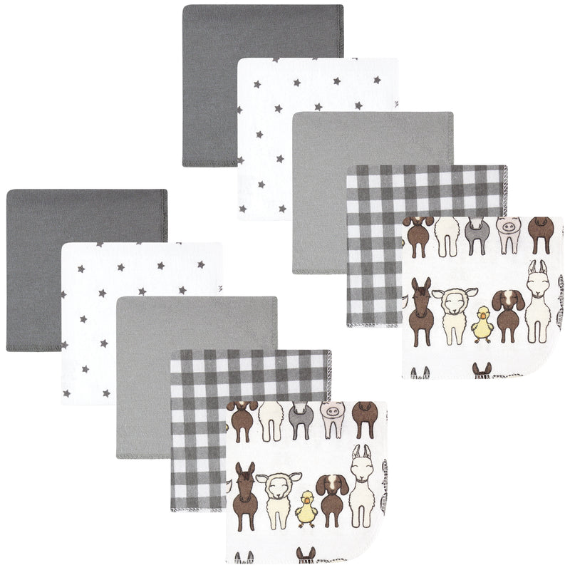 Hudson Baby Flannel Cotton Washcloths, Farm Friends Grey 10-Pack