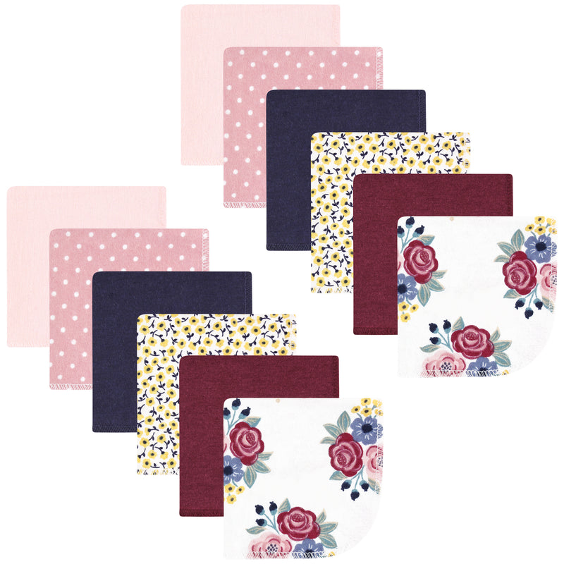 Hudson Baby Flannel Cotton Washcloths, Blush Navy Floral 12Pk