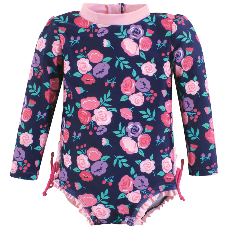 Hudson Baby Rashguard Toddler Swimsuit, Navy Bright Pink Floral