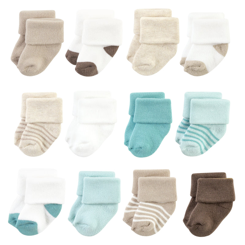 Hudson Baby Cotton Rich Newborn and Terry Socks, Teal Brown Stripe