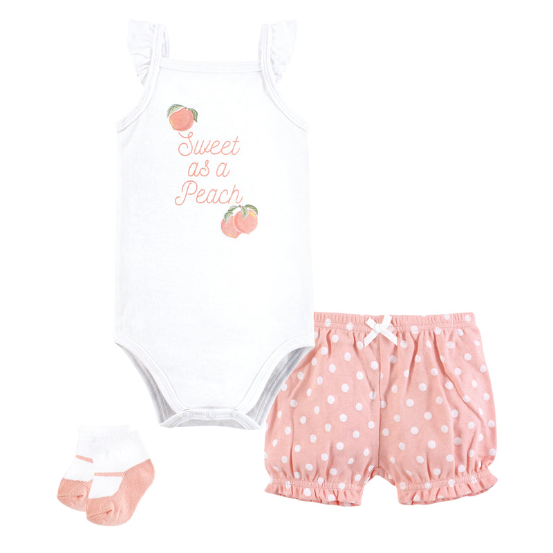 Hudson Baby Bodysuit, Short and Sock, Sweet Peach
