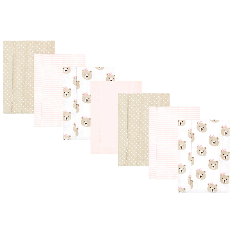 Hudson Baby Flannel Burp Cloth 7pk, Pink Taupe Bear