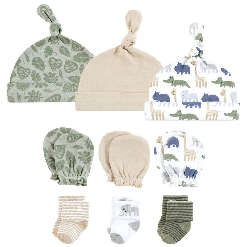 Hudson Baby Caps, Mittens and Socks Set, Wild Leaf Safari
