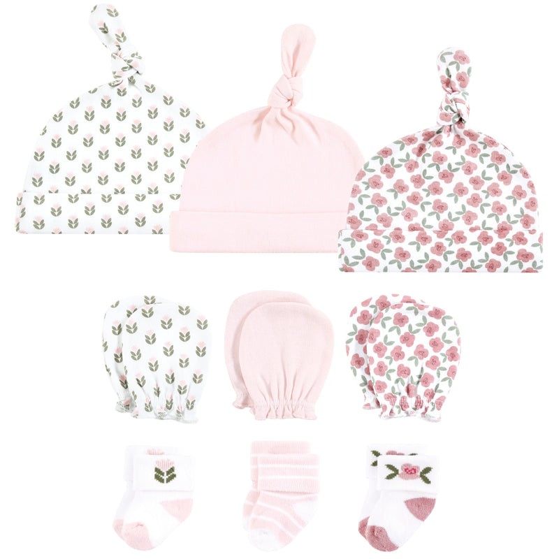 Hudson Baby Caps, Mittens and Socks Set, Wild Rose Modern Floral