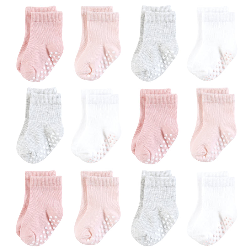Hudson Baby Cotton Rich Newborn and Terry Socks, Pink Gray Basic