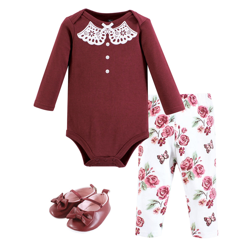 Hudson Baby Cotton Bodysuit, Pant and Shoe Set, Sweet Roses
