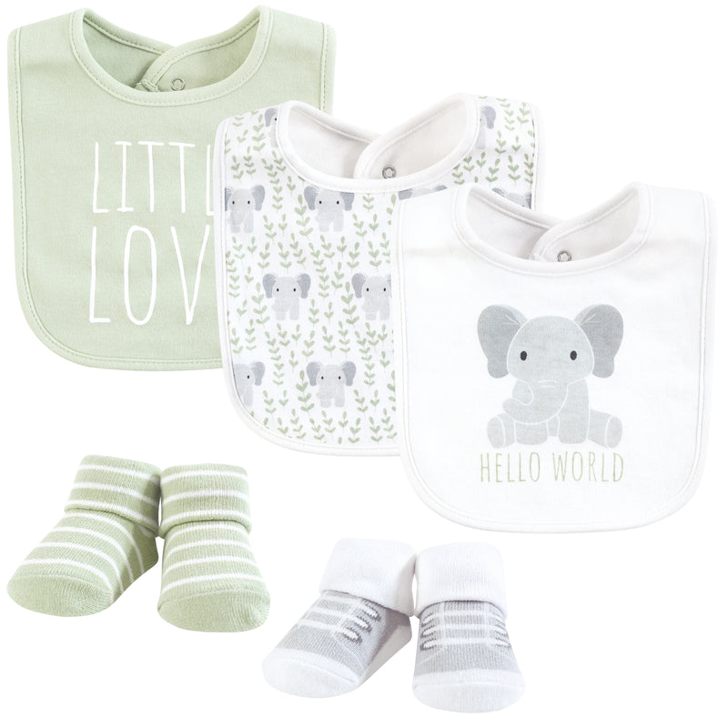 Hudson Baby Cotton Bib and Sock Set, Hello World Elephant