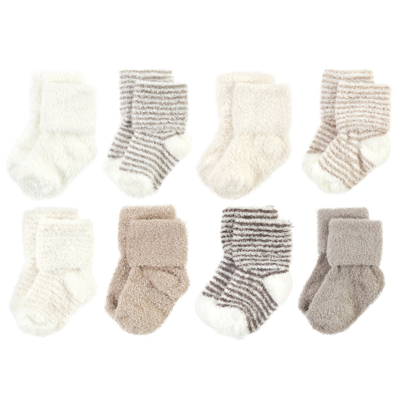 Hudson Baby Cotton Rich Newborn and Terry Socks, Beige Stripe 8 Pack