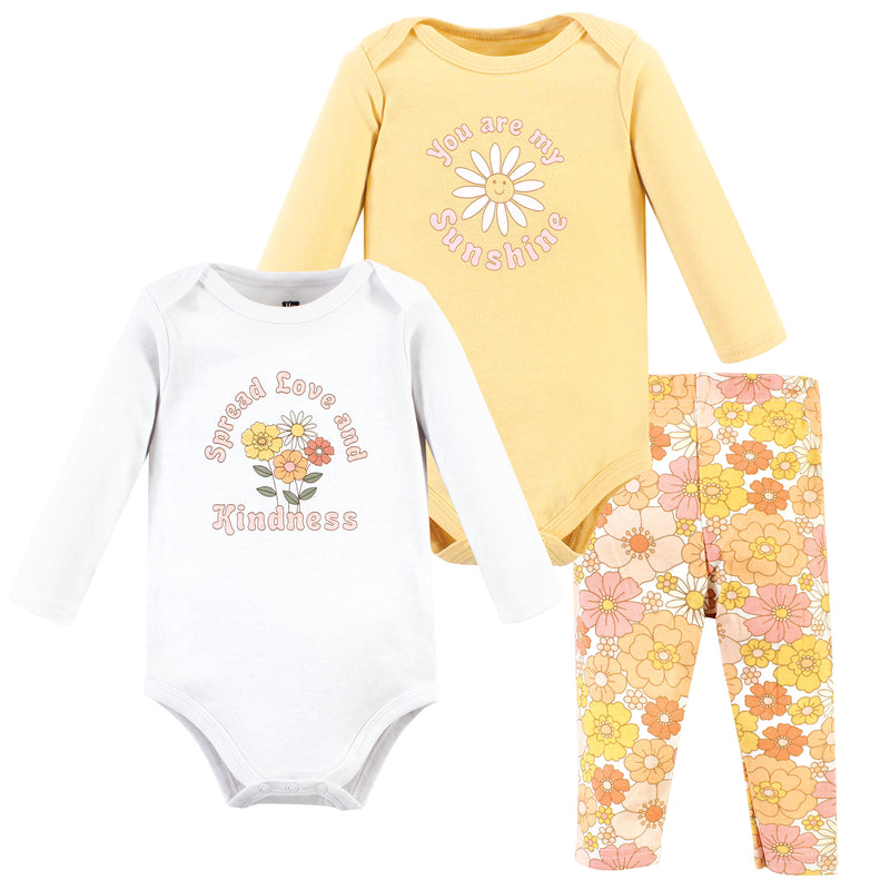 Hudson Baby Cotton Bodysuit and Pant Set, Peace Love Flowers Long Sleeve