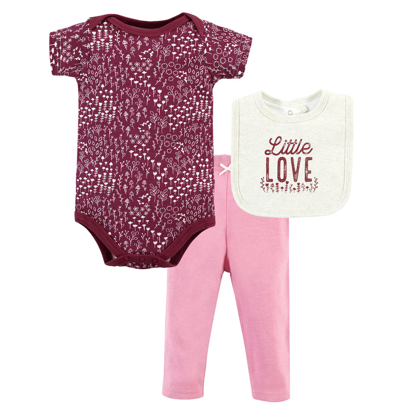 Hudson Baby Cotton Bodysuit, Pant and Bib Set, Little Love Flowers