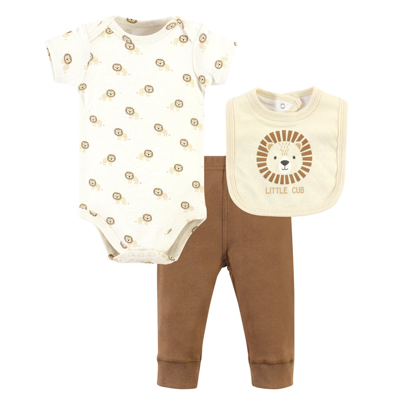 Hudson Baby Cotton Bodysuit, Pant and Bib Set, Brave Lion