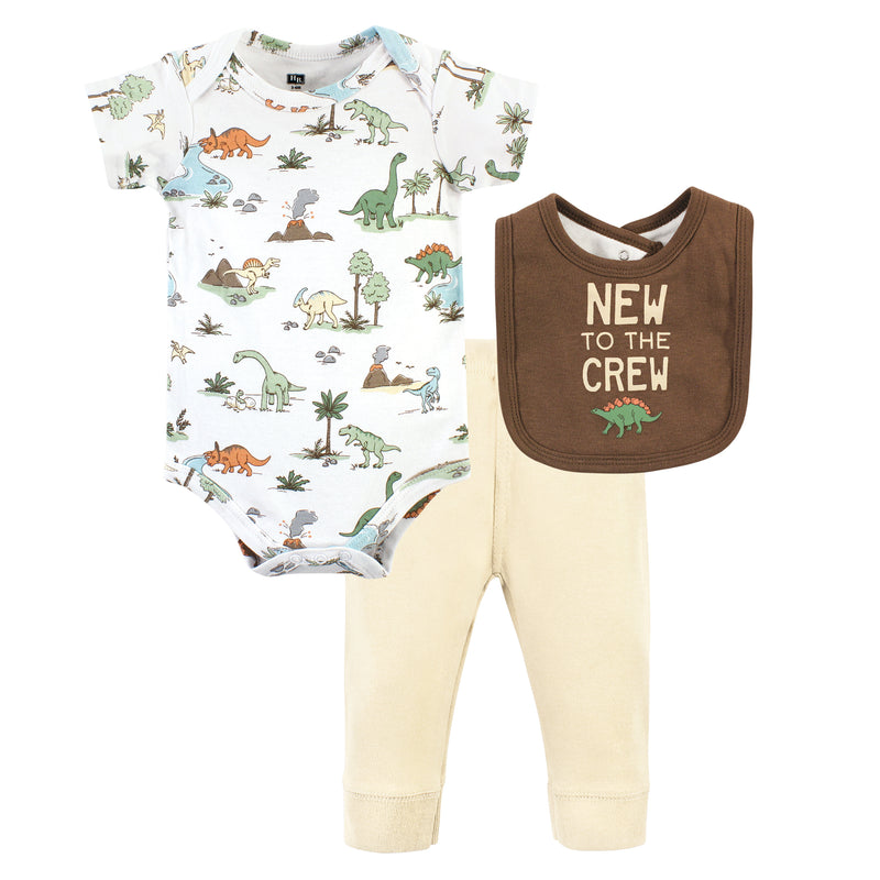 Hudson Baby Cotton Bodysuit, Pant and Bib Set, Dinosaur Adventures