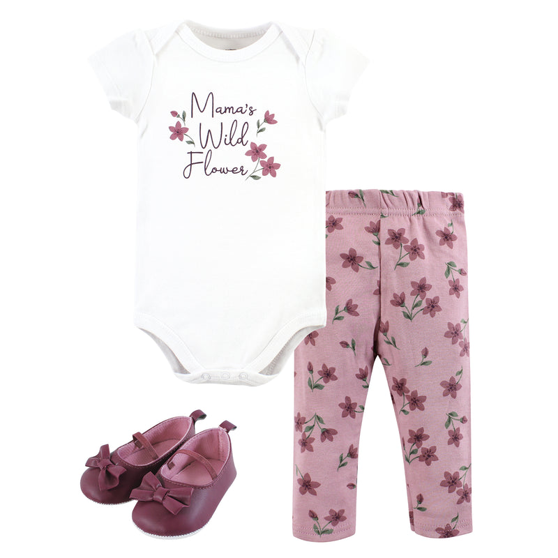 Hudson Baby Cotton Short Sleeve Bodysuit, Pant and Shoe Set, Plum Wildflower