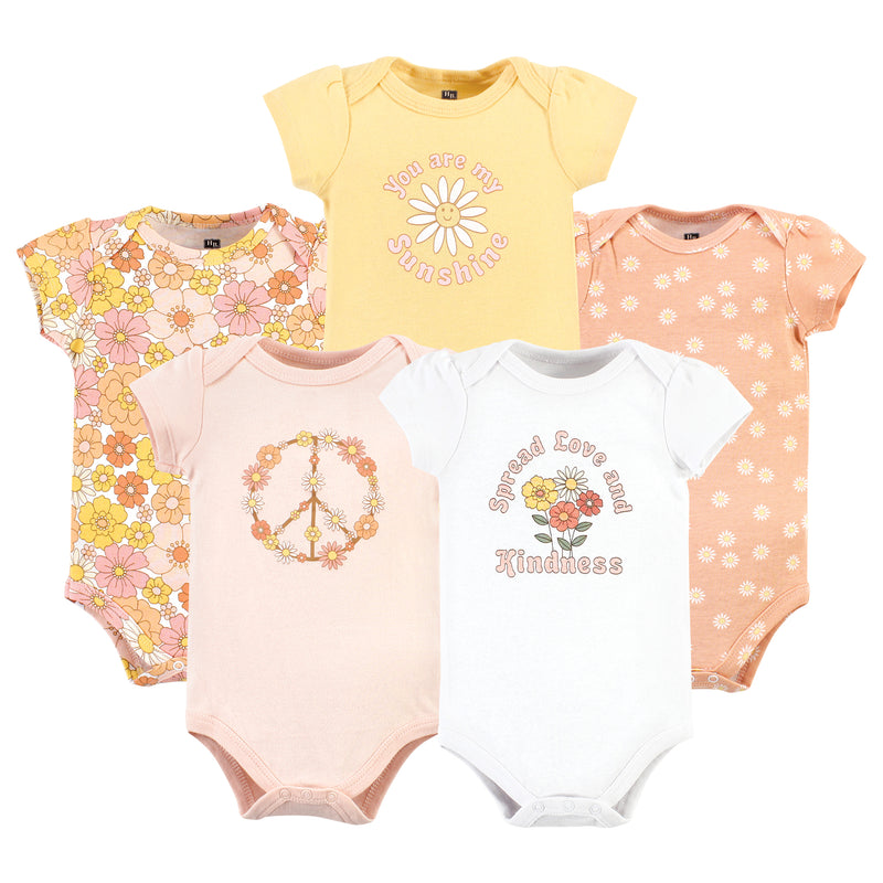Hudson Baby Cotton Bodysuits, Peace Love Flowers 5 Pack