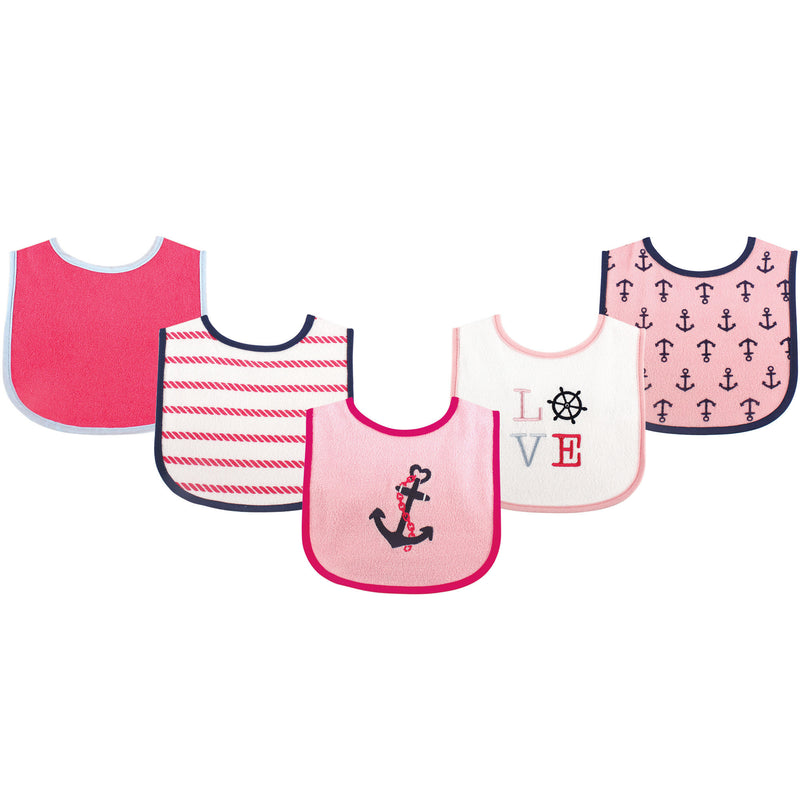 Luvable Friends Cotton Terry Drooler Bibs with PEVA Back, Girl Nautical