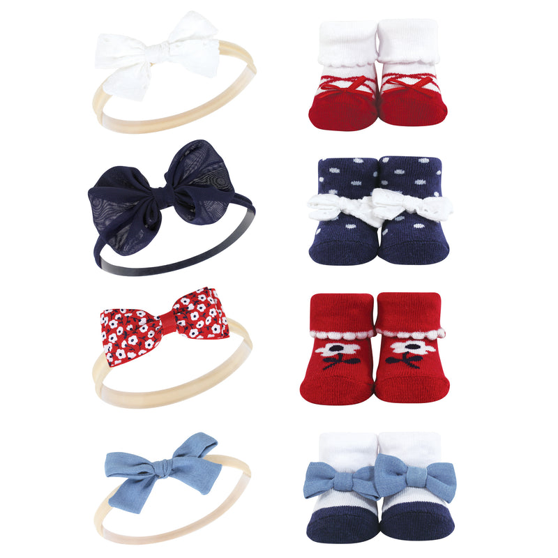 Hudson Baby Headband and Socks Giftset, Red Navy Flower