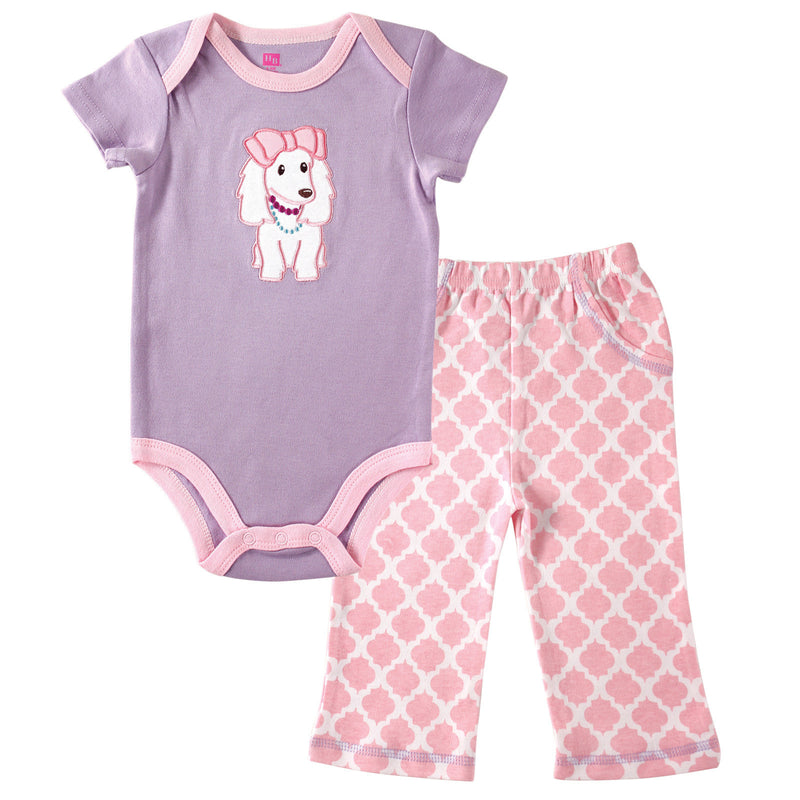 Hudson Baby Cotton Bodysuit and Pant Set, Purple Puppy
