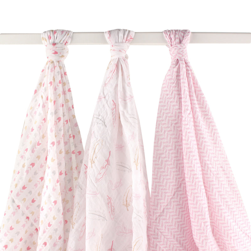 Hudson Baby Cotton Muslin Swaddle Blankets, Pink Feather