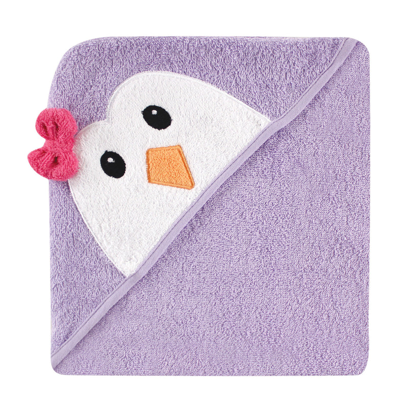 Luvable Friends Cotton Animal Face Hooded Towel, Purple Penguin