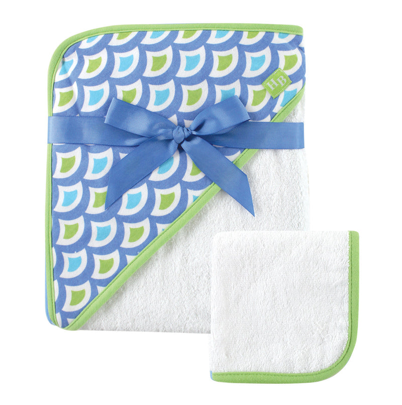 Hudson Baby Cotton Hooded Towel and Washcloth, Green Wave