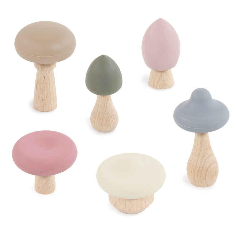 Hudson Baby 6pc Wood and Silicone Mushroom Toy Set, Light