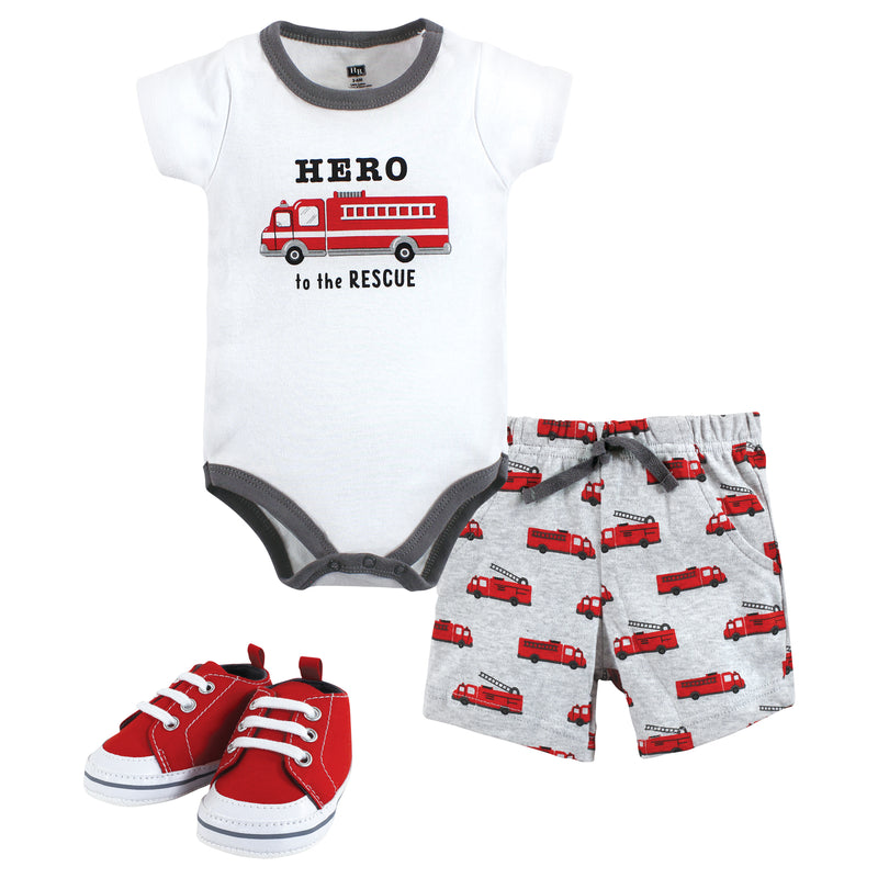 Hudson Baby Cotton Bodysuit, Shorts and Shoe Set, Firetruck Hero