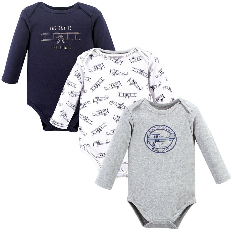 Hudson Baby Cotton Long-Sleeve Bodysuits, Gray Aviation