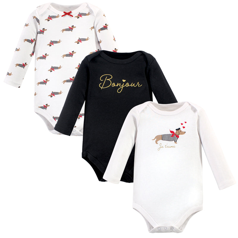 Hudson Baby Cotton Long-Sleeve Bodysuits, Bonjour Dachshund