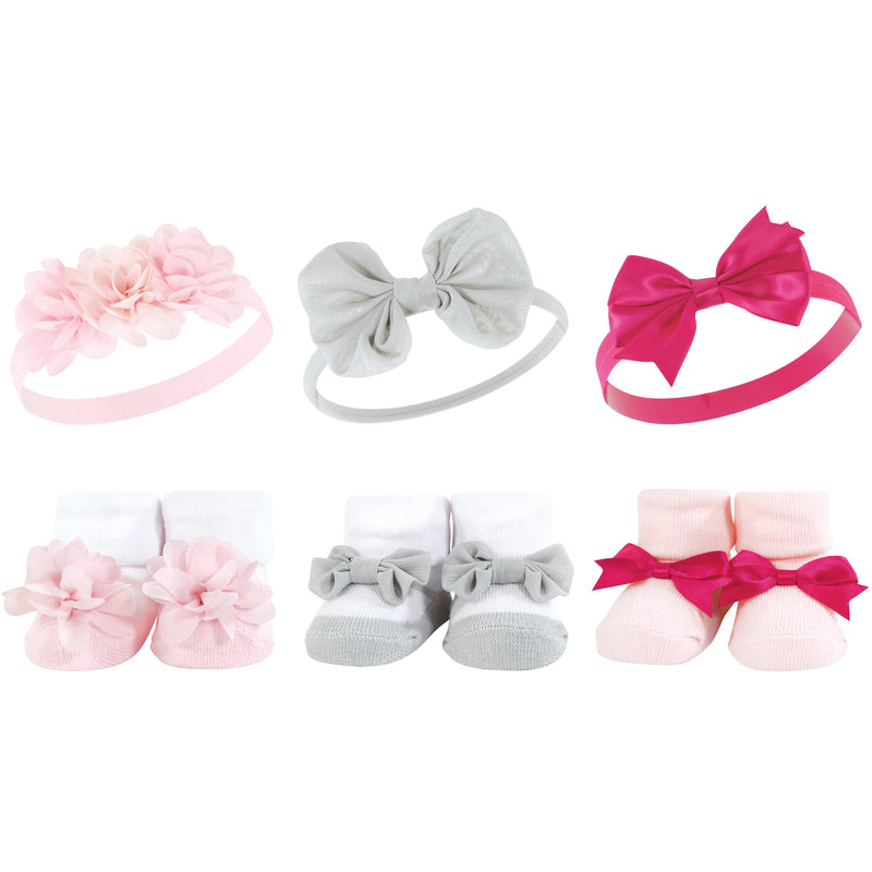 Hudson Baby Headband and Socks Giftset, Pink Gray Flower