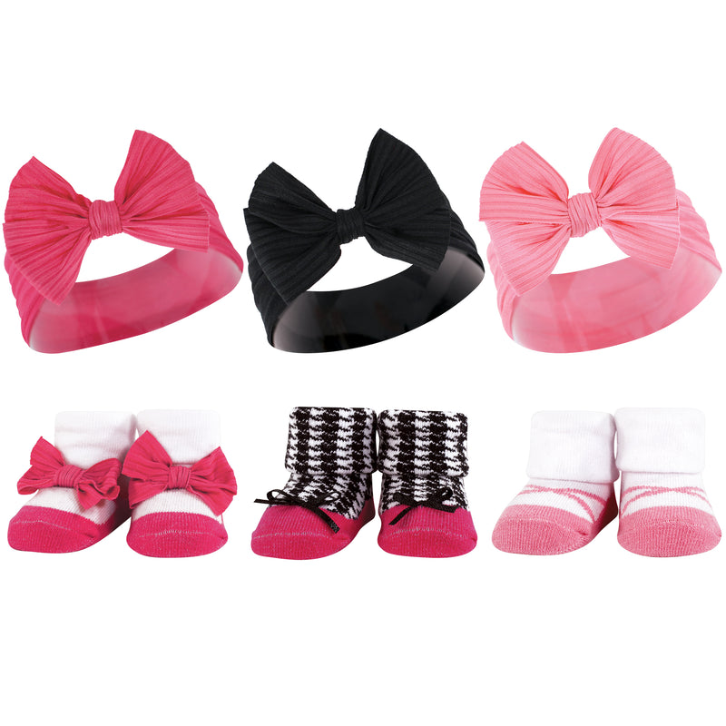 Hudson Baby Headband and Socks Giftset, Pink Black, One Size