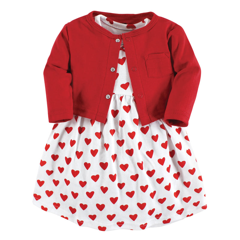 Hudson Baby Cotton Dress and Cardigan Set, Red Hearts