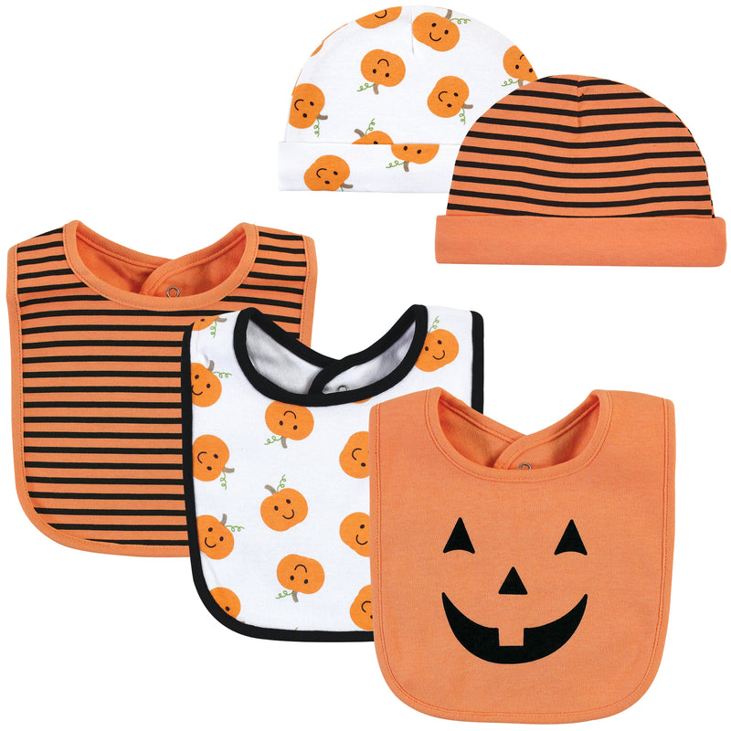 Hudson Baby Cotton Bib and Headband or Caps Set, Pumpkin
