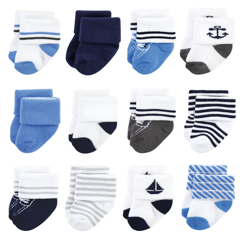 Hudson Baby Cotton Rich Newborn and Terry Socks, Nautical 12-Pack
