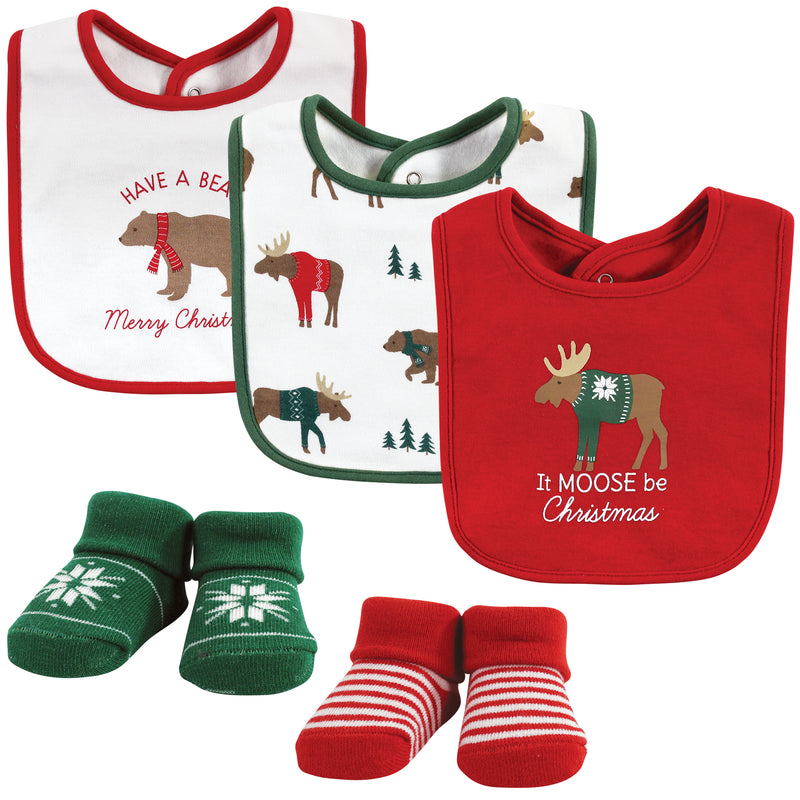Hudson Baby Cotton Bib and Sock Set, Moose Be Christmas