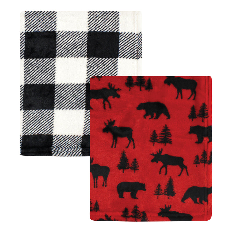 Hudson Baby Silky Plush and Coral Fleece Blanket, Red Moose Bear