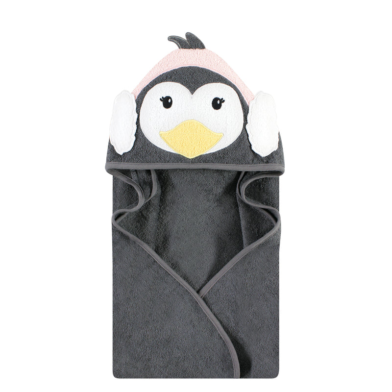Hudson Baby Cotton Animal Face Hooded Towel, Earmuff Penguin