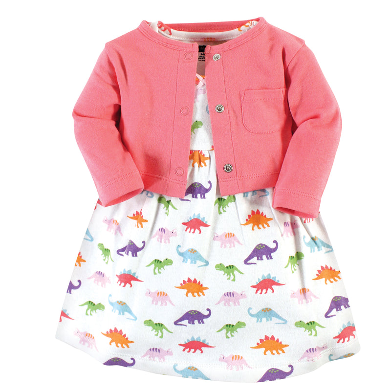 Hudson Baby Cotton Dress and Cardigan Set, Girl Dinosaurs