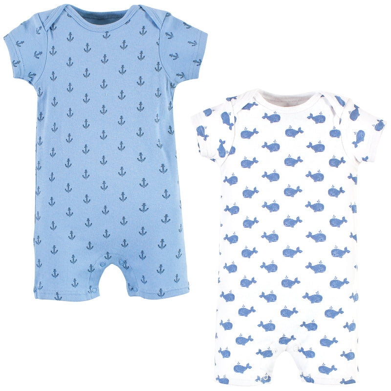 Hudson Baby Cotton Rompers, Blue Whale 2-Pack