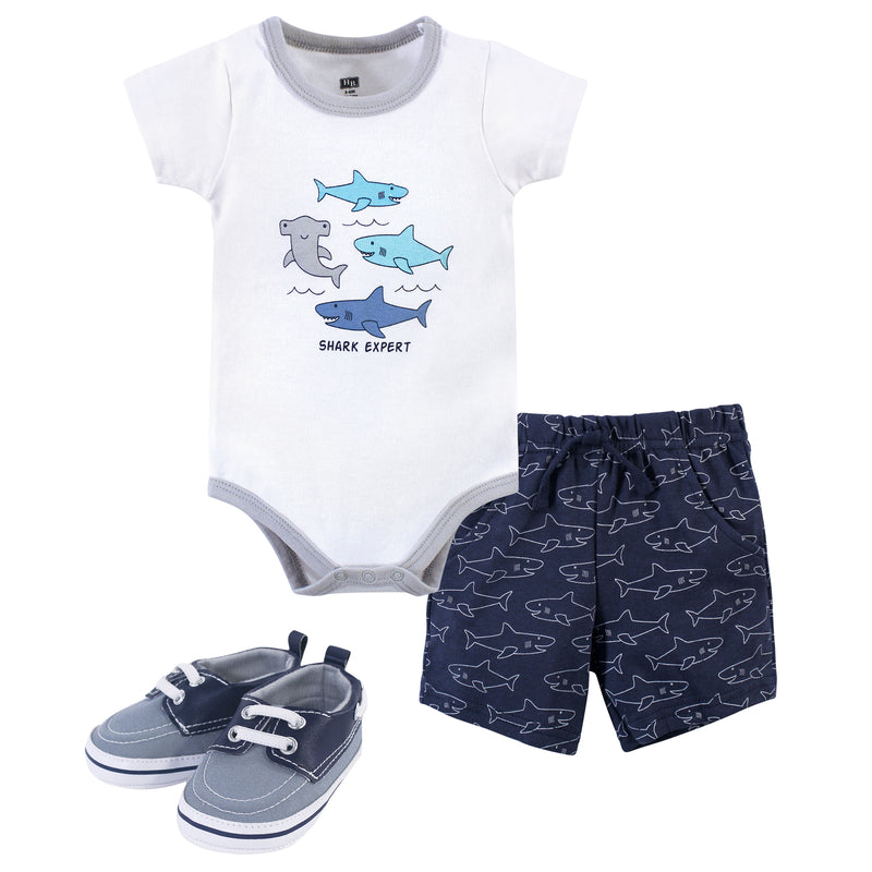 Hudson Baby Cotton Bodysuit, Shorts and Shoe Set, Shark Expert